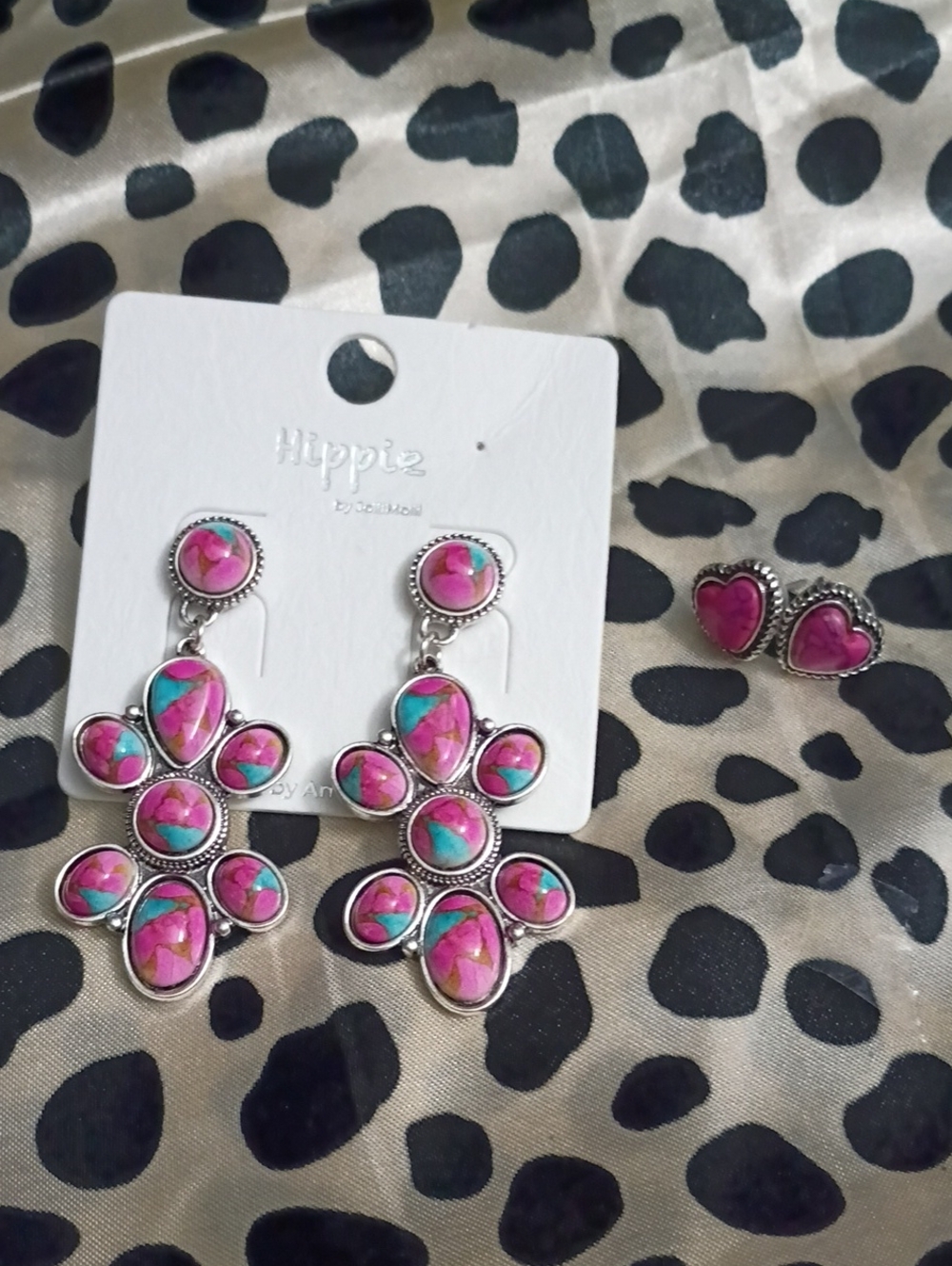 Hippie by American Pink & Turquoise Stone Drop Earrings + Heart Studs